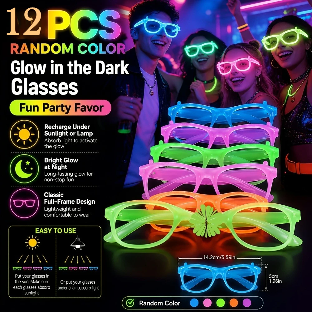 5/12 Pairs of Randomly Colored Glow in The Dark Party Glasses Neon Green Purple Orange Yellow Red No Lenses Required