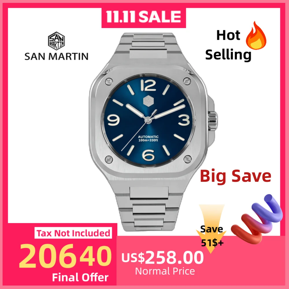 

San Martin 40mm Square Business Watch Mechanical Watches For Men Self Winding Wirstwatch Waterproof 10Bar Casual Sapphire SN0074