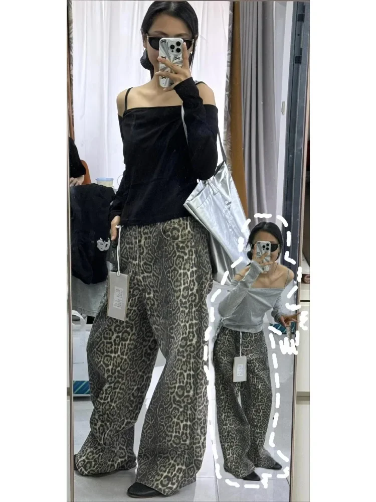 American Trendy Y2K Leopard Print Women's Jeans Summer Fashion New Casual Versatile Loose Straight Wide Leg Denim Pants