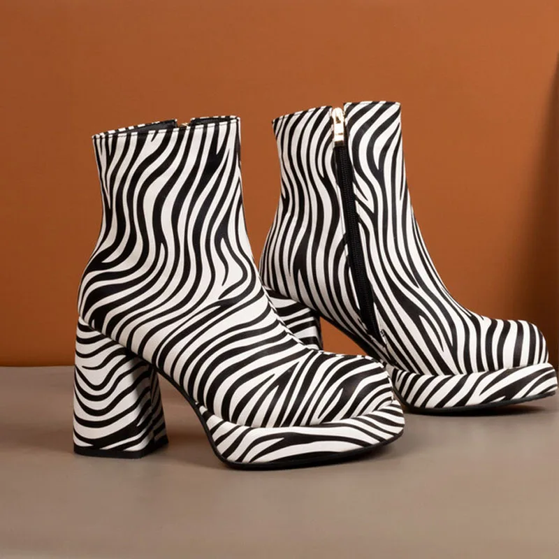 Zebra-stripe High Heel Platform Boots Women New Leopard Punk Style Shoes Woman Autumn Winter Custom Women Ankle Boots WSH4929