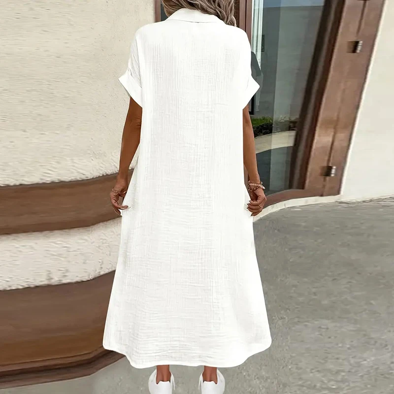Frauen Mode Sommer Midi Kleid V-ausschnitt Button Up Urlaub Kleider Frauen Baumwolle Leinen Weiß Kurzarm Tasche Casual Hemd Kleid