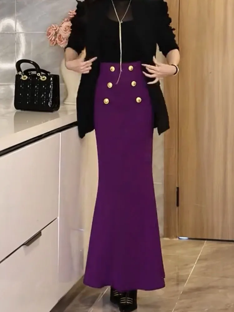 

Элегантная приталенная юбка классического дизайна с золотыми пуговицами, осенне-зимняя новинка, ретро-стиль, премиум-класс, юбка-рыбий хвост для женщин