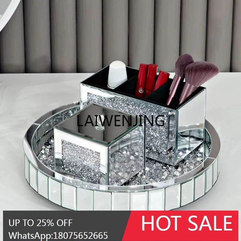 silver hot-selling round mirror rhinestone glass decorative storage desktop tray