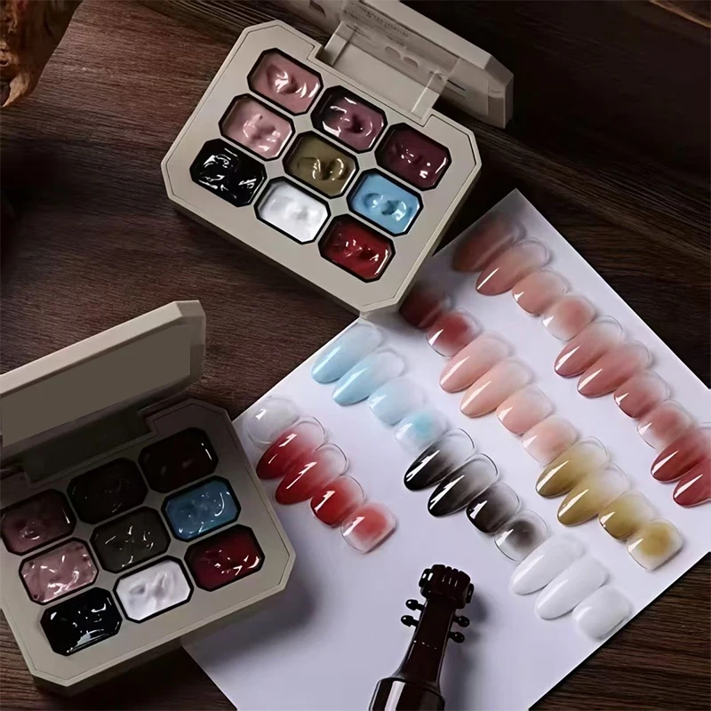 

9 Morandi-colored solid gel nail polishes, perfect for DIY nail art and creating captivating artistic nail designs. A nail to