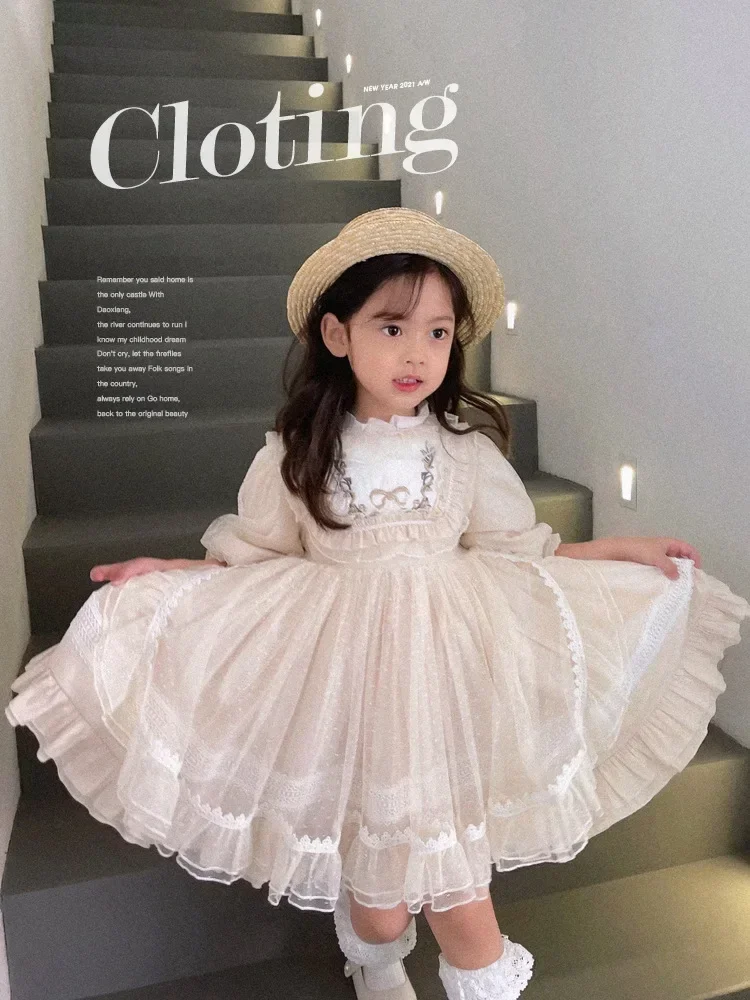 Girls Summer Half Sleeve Beige Lolita Costume Party Evening Dress Infant French Princess Dress Dress 1-10Y Trend