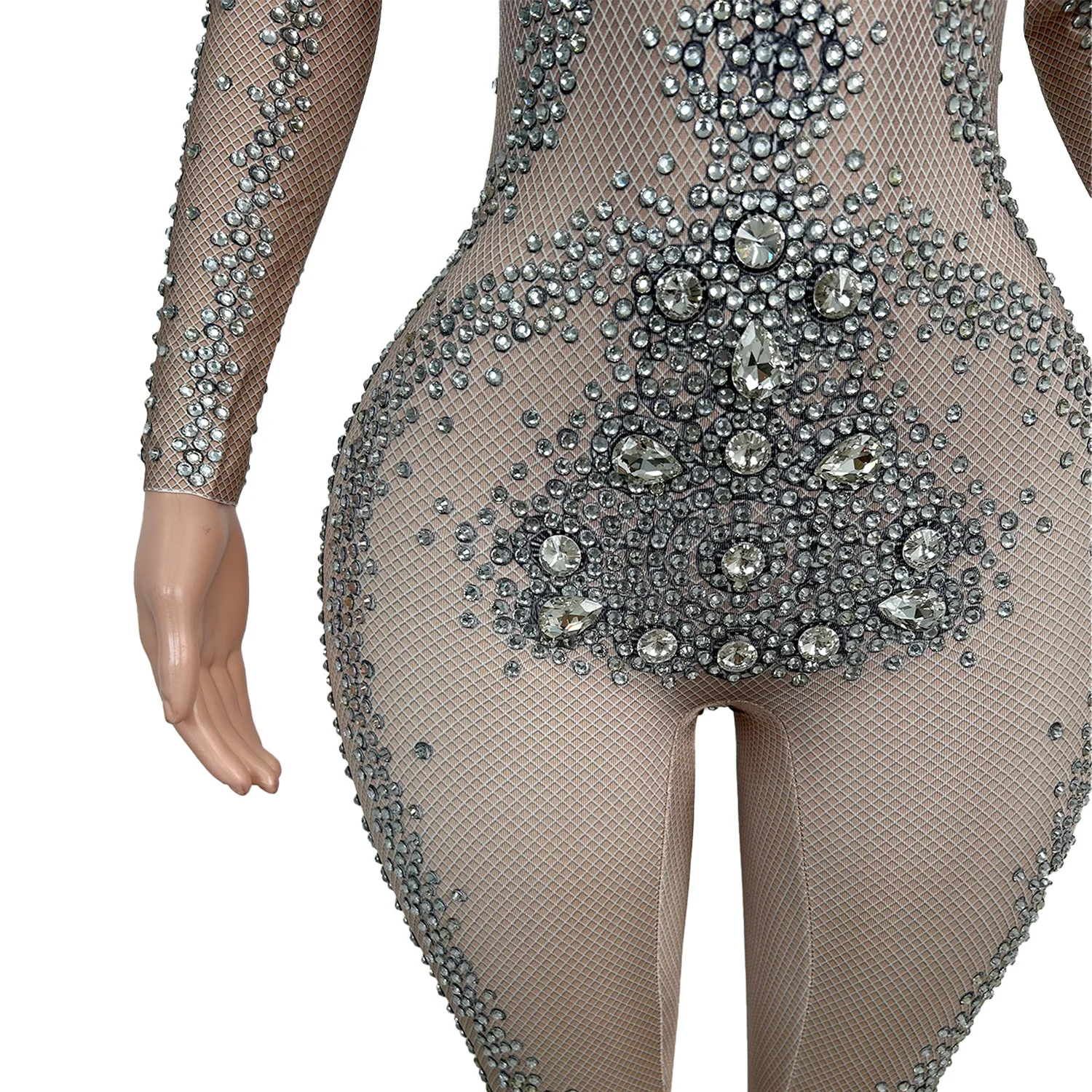 

Luxury Long Sleeves Stretch Spandex Rhinestone Jumpsuits Women Drag Show Performance Rompers Club Bodysuit Gogo Dancer Outfit