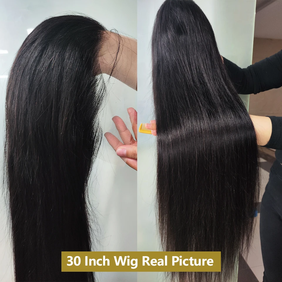 13 x 6 transparente gerade Spitze-Frontal-Perücken, vorgezupft, 30 32 Zoll Spitze-Front-brasilianische Echthaar-Perücken für Frauen, natürliches Schwarz – Detail 8