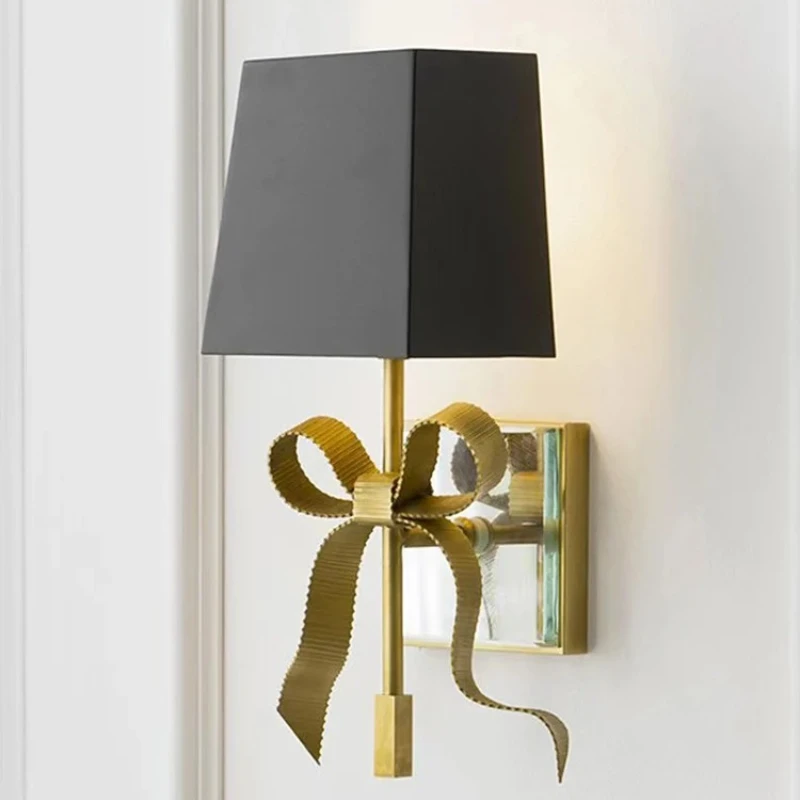 

French Retro Bow Bronze Ribbon LED Wall Lamps Black/white Quadrilateral Fabric Lampshade Living Room Bedroom Hotel Study Sconces