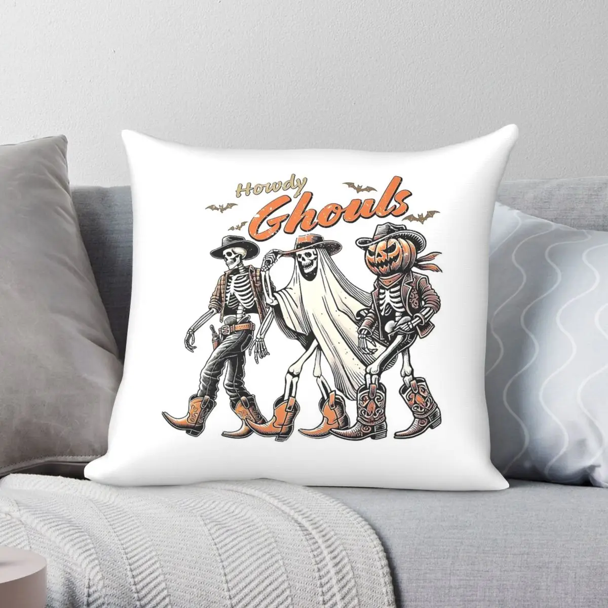 Halloween Cowboy Howdy Ghouls Square Pillowcase Polyester Linen Velvet Printed Zip Decorative Sofa Cushion Cover