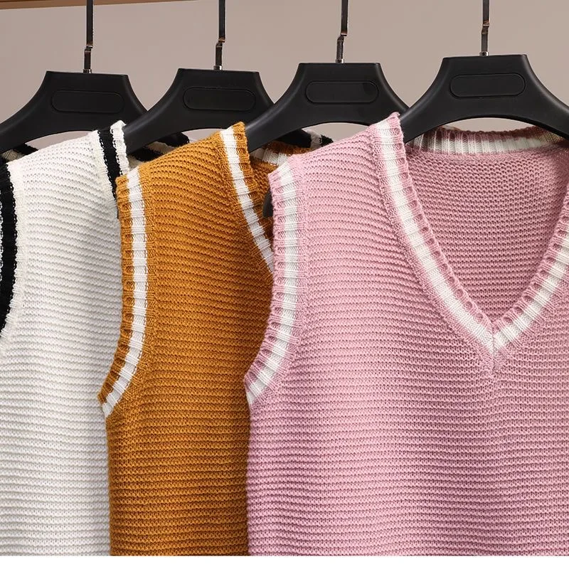 Contrast-Color V-neck Pullover Vest Spring Autumn Women\'s Sleeveless Knit Coat Korean Style School Ladies Girls Sweater Tank Top