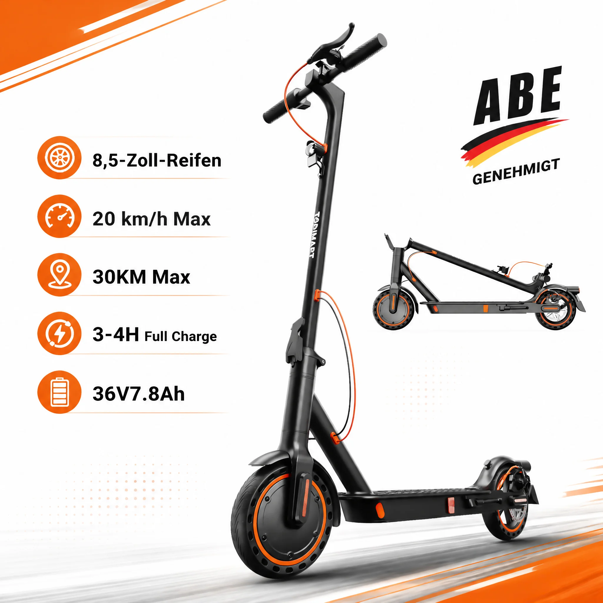 TODIMART T3/T6ABE Deutschland-zugelassener Elektroroller für Erwachsene, 20 km/h Geschwindigkeit, 36V 7,8Ah, Stoßdämpfung, faltbarer E-Scooter, Stadtfahrzeug, leichter E-Scooter für den Stadtverkehr.