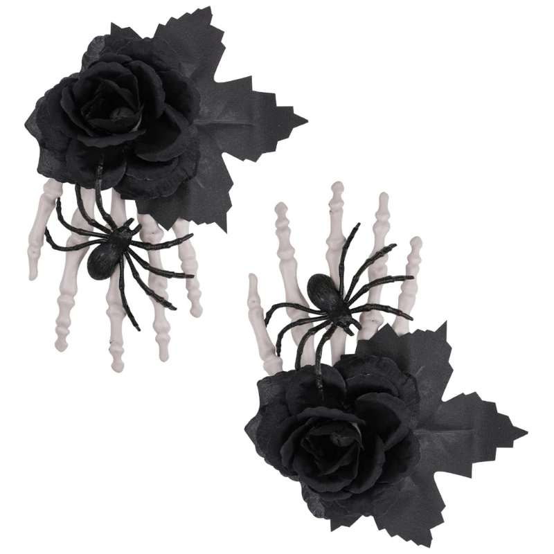 

Horror Theme Hair Clip Black Rose Bone Hand Spiders Decoration For Halloween Cosplay 15UB