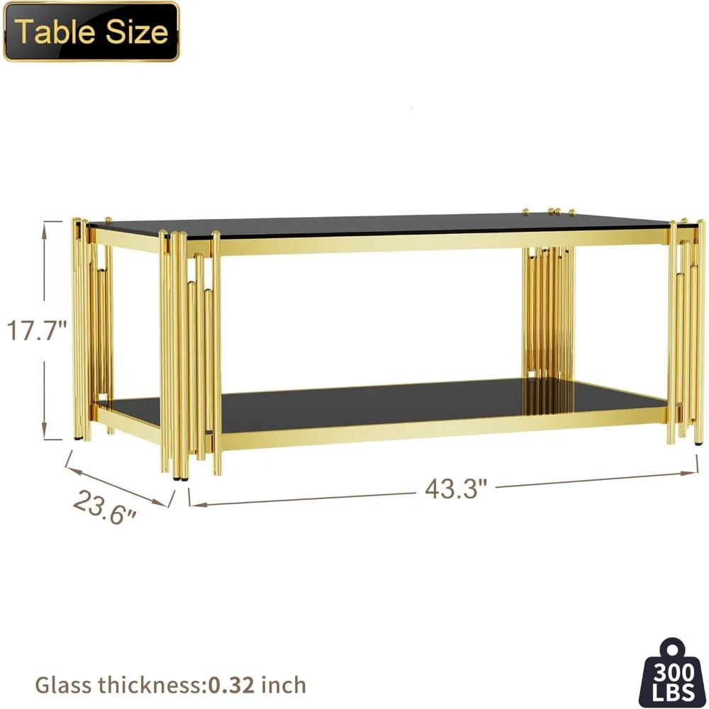 Glass Coffee Table 43" Modern Living Room Table Gold Stainless Steel Metal Leg Rectangular Tempered Glass Luxury Center Tables