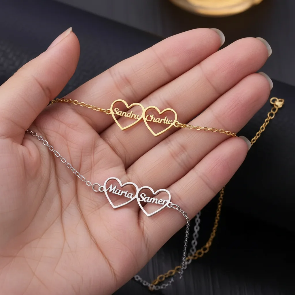 

Custom 2 Hearts Names Couple Bracelet Stainless Steel Personalized Letters Jewelry Bracelet 18K Gold Plated Birthday Jewelry