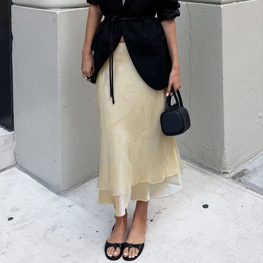 

2026 Spring and Summer New Satin Skirt Perspective Yarn Splicing Fishtail Skirt Design Temperament