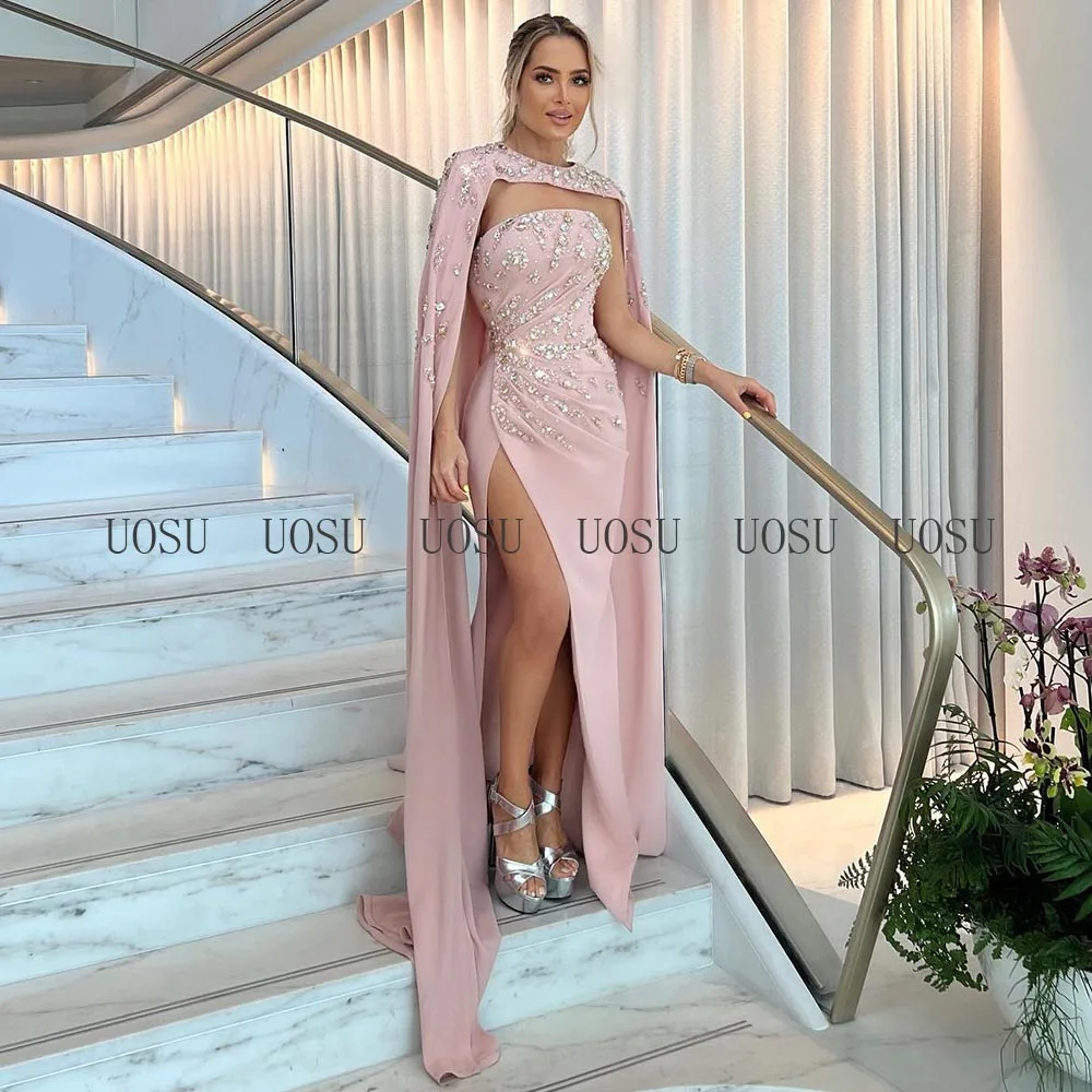 Luxury Prom Dresses with Wrap Pink Sparkly Crystal High Slit Sexy Women's Evening Dress Mermaid 2022 Strapless Sexy Party Gowns