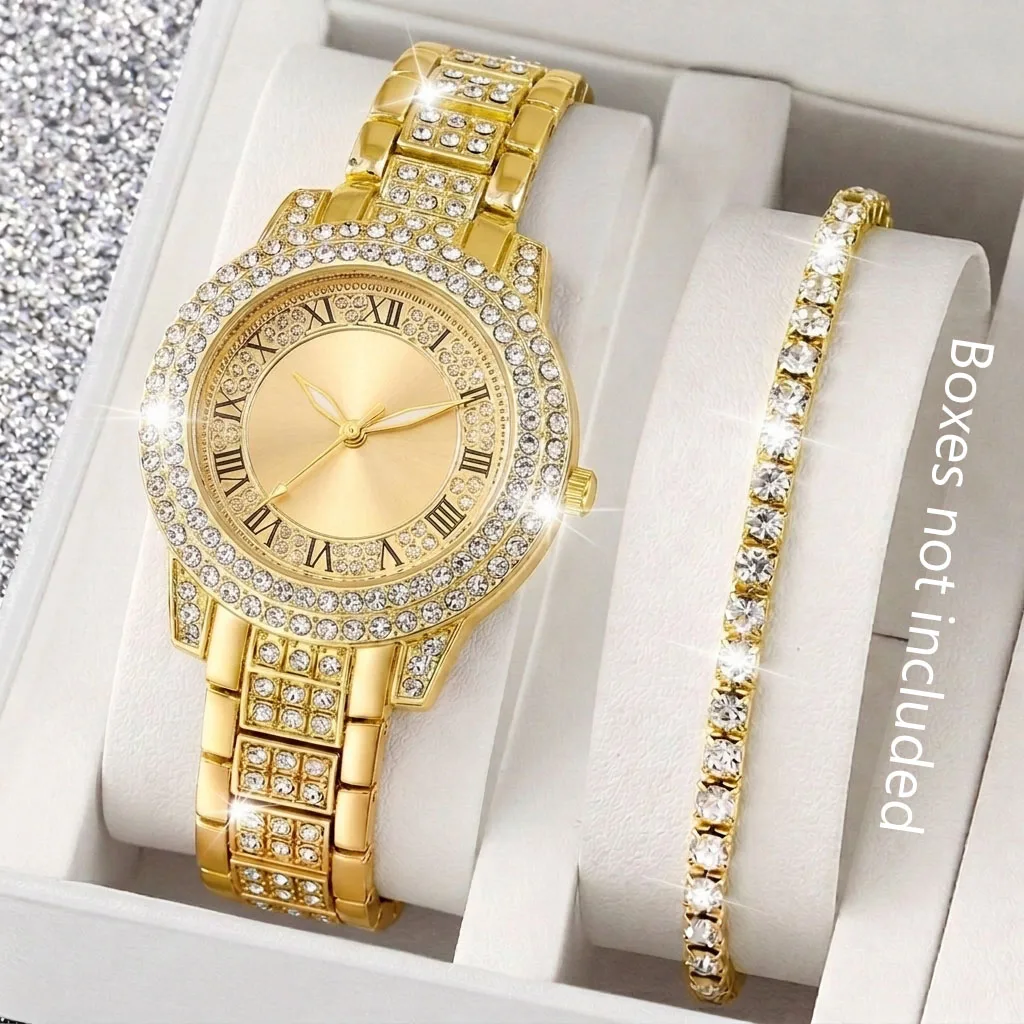 2PCS Fashion Rhinestone Roma Dial Women Quartz Watch Diamond Bracelet Set Steel Band Wristwatches Relogio FemininoWithout Box