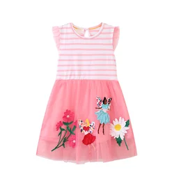 Jumping Meters 3-8T Princess Girls Dresses Fairy Embroidery Baby Party Frocks Floral Sleeveless Toddler Clothing Kids Dresses