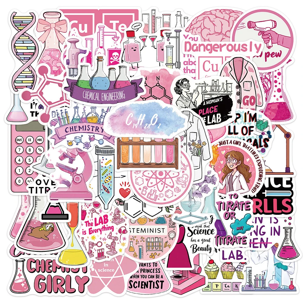 10/30/50pcs Cute Pink Chemical Reagent Stickers Cartoon Science Laboratory Decals DIY Stationery Notebook Phone Graffiti Sticker