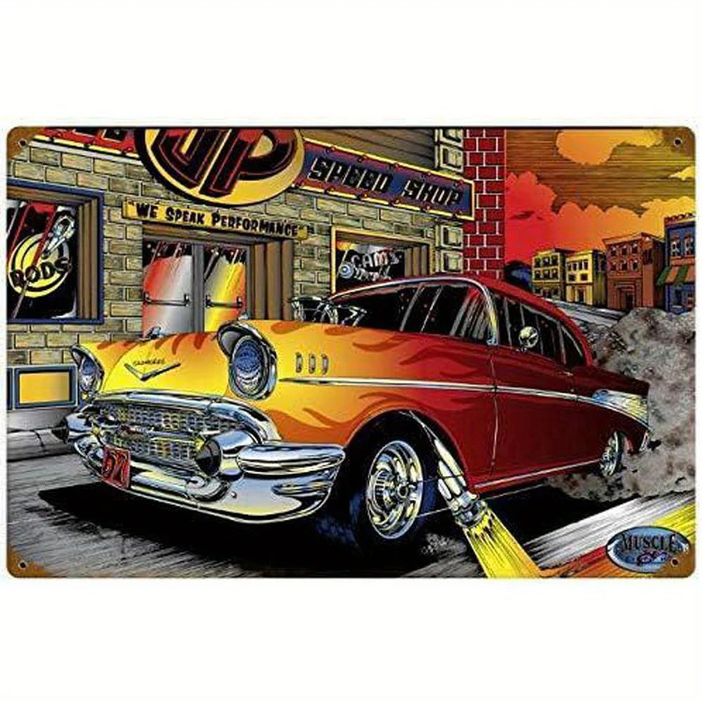 Letrero artístico de pared de metal vintage, coche musculoso Retro Hot Rod Drag Race con llamas y diseño "We Speak Performance", duradero, resistente al óxido
