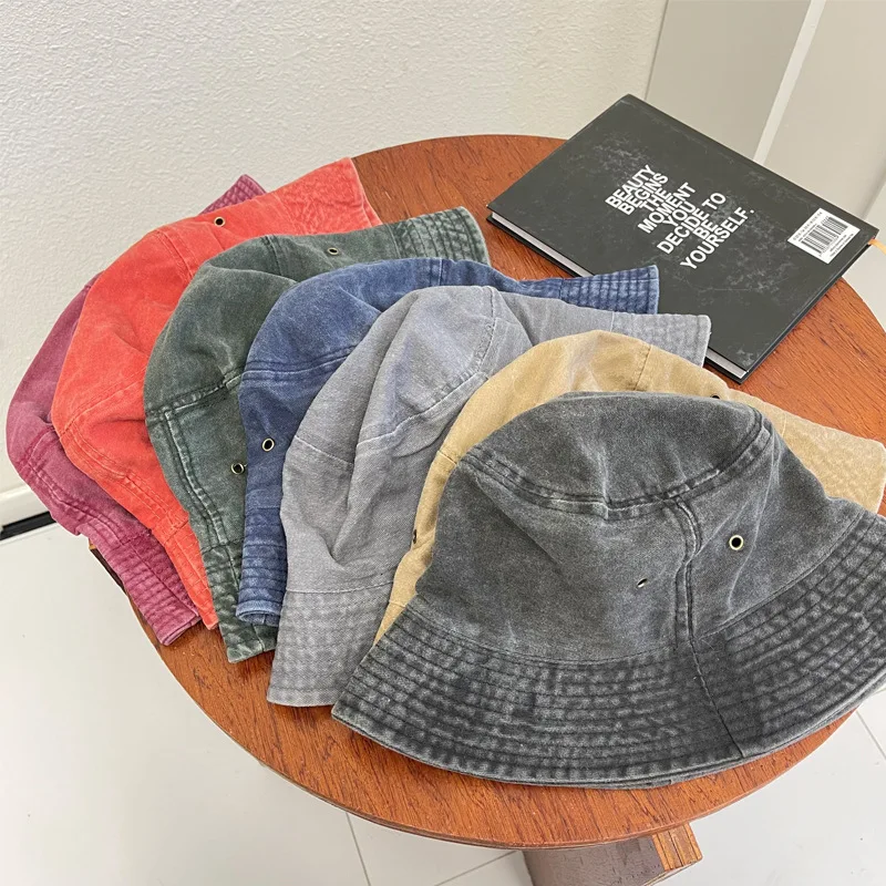 

Hong Kong style retro washed denim fisherman hat for couples, fashionable distressed short brimmed basin hat, breathable solid c