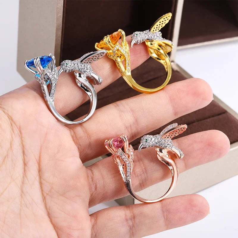 Creative Colored Gemstone Ring for Women Simulating Mary's Aquamarine Hummingbird Ring 925 Stamp Wedding Party Fashion Jewellery