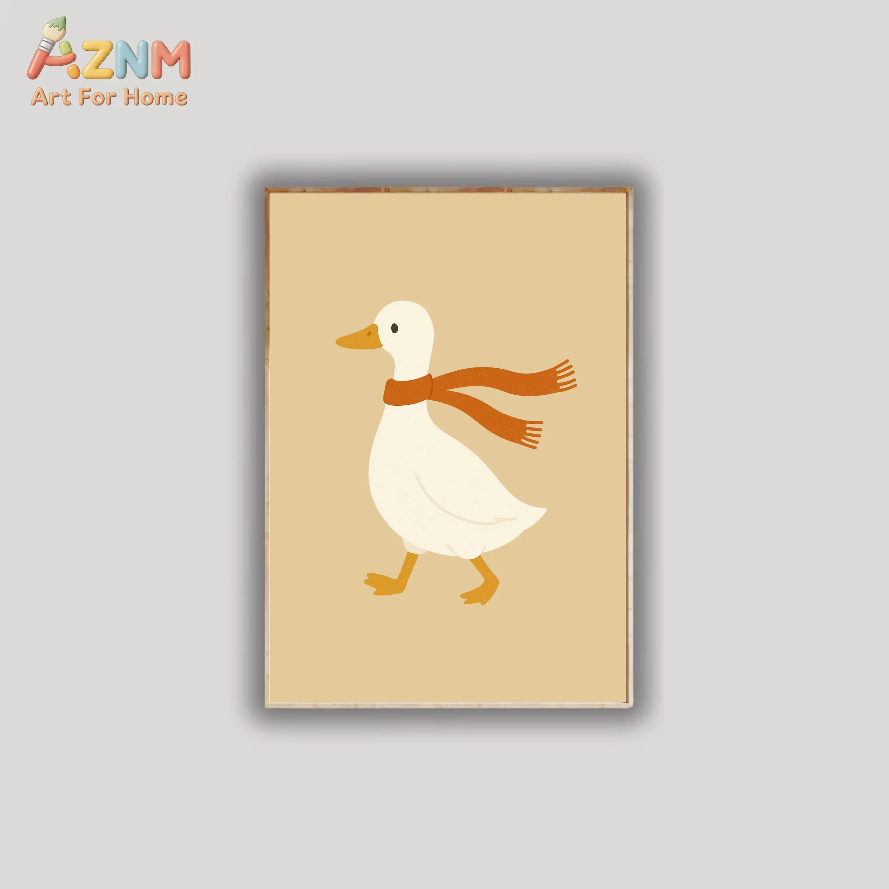 AZNM Cute Cartoon Duck Canvas Print Neutral Beige Background Bow Crown Glasses Yoga Duck Unframed Canvas Wall Art Baby Nursery K