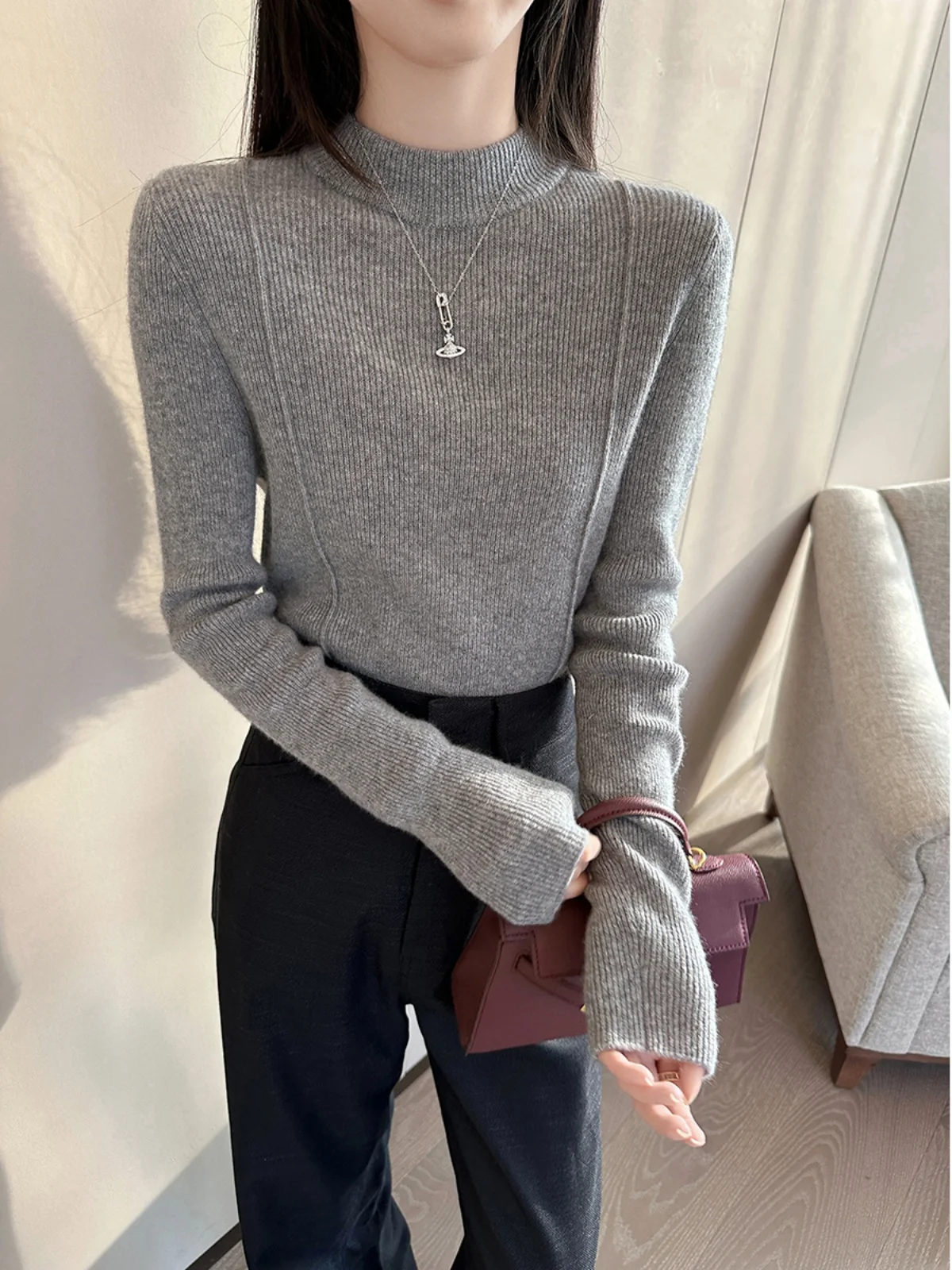 

ay Knitted Long Sve f High Collar Women's Base Layer Commute Sweater Autumn New Sle Slim Fit Polyester Nylon Blend