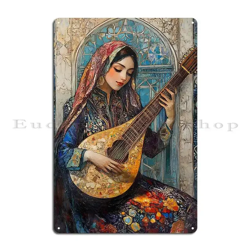 Woman Playing Lute In Colorful Ornate Traditional Attire Metal Sign Club Print Club Garage Decoration Cinema Tin Sign Poster