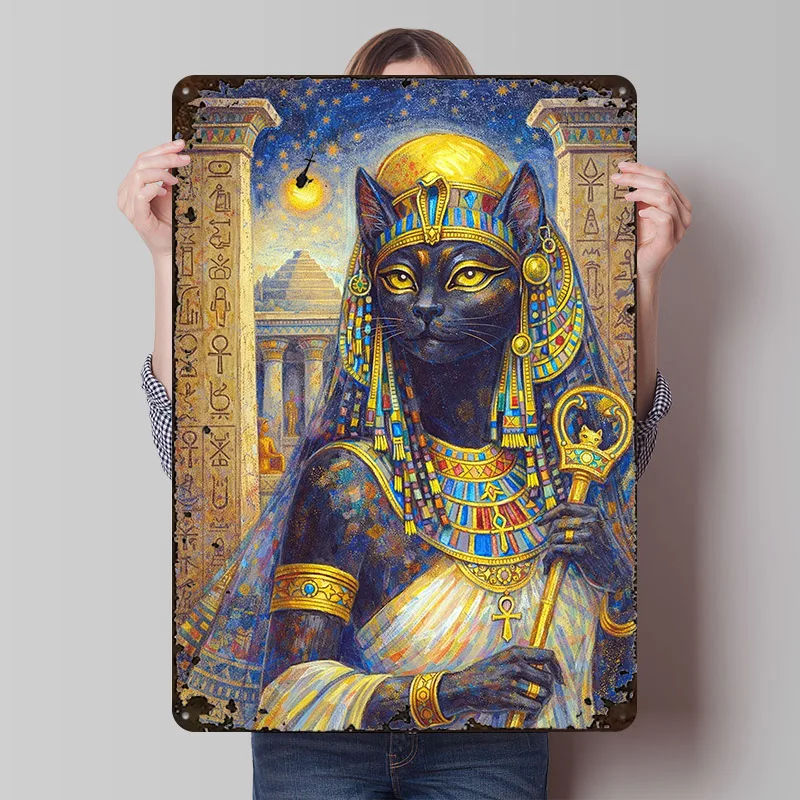 Egyptian Cat Goddess Bastet With Hieroglyphs Poster Customized Vintage Metal Signs Wall Art Retro Tin Plaque for Desk Decor Room