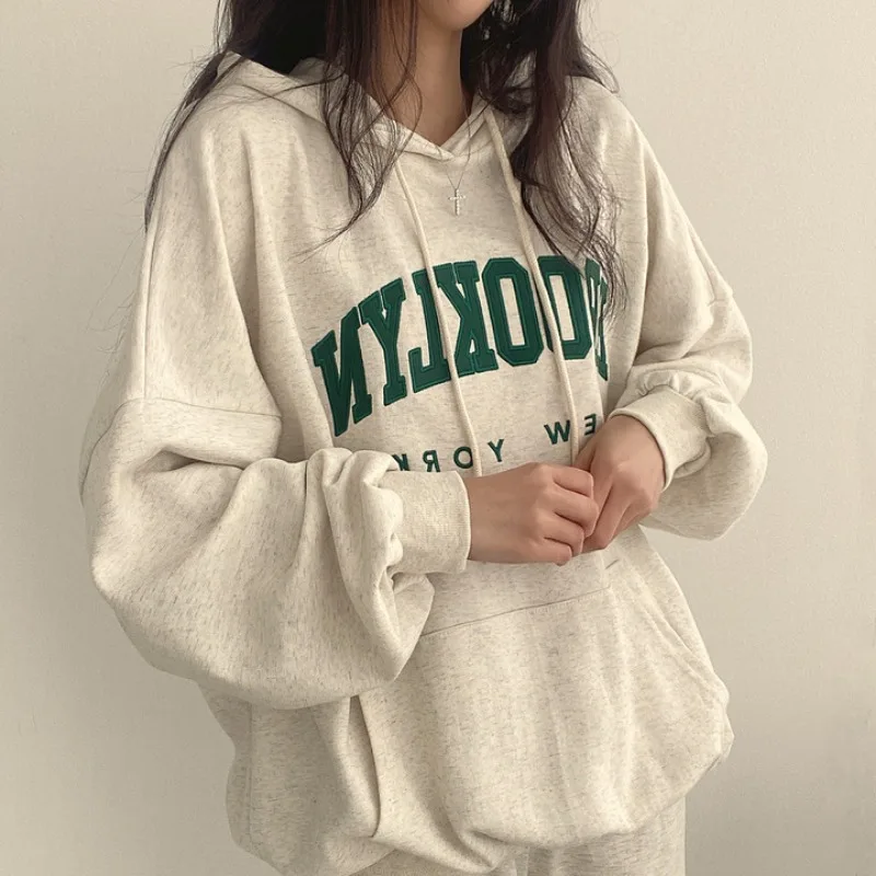 BROOKLYN Letter Print Hoodies Women Retro Chic Long Sleeve Loose Pullovers 2023 Harajuku Casual Hooded Sweatshirt Y2K Streetwear