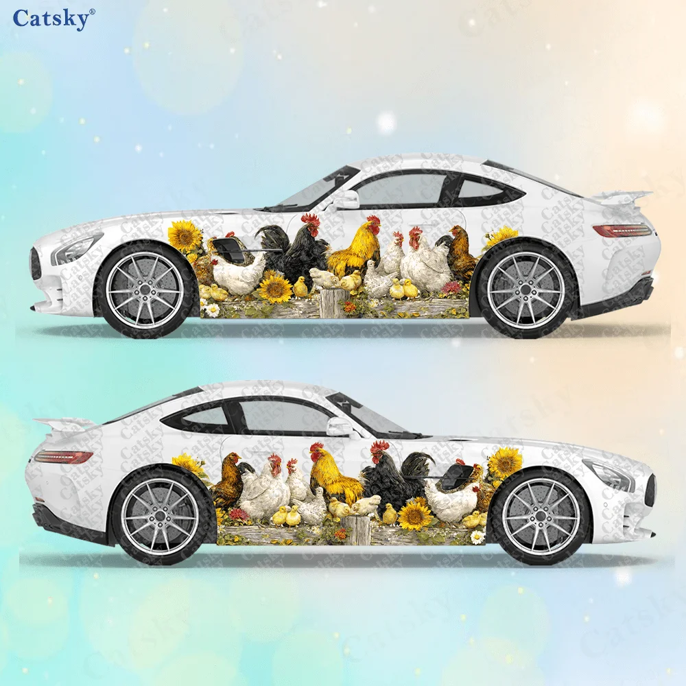 

2pcs Sunflower Fence Chicken Flock Car Side Wraps, Self-Adhesive PVC Waterproof & Scratch-Resistant Stickers, Car Accessory Gift