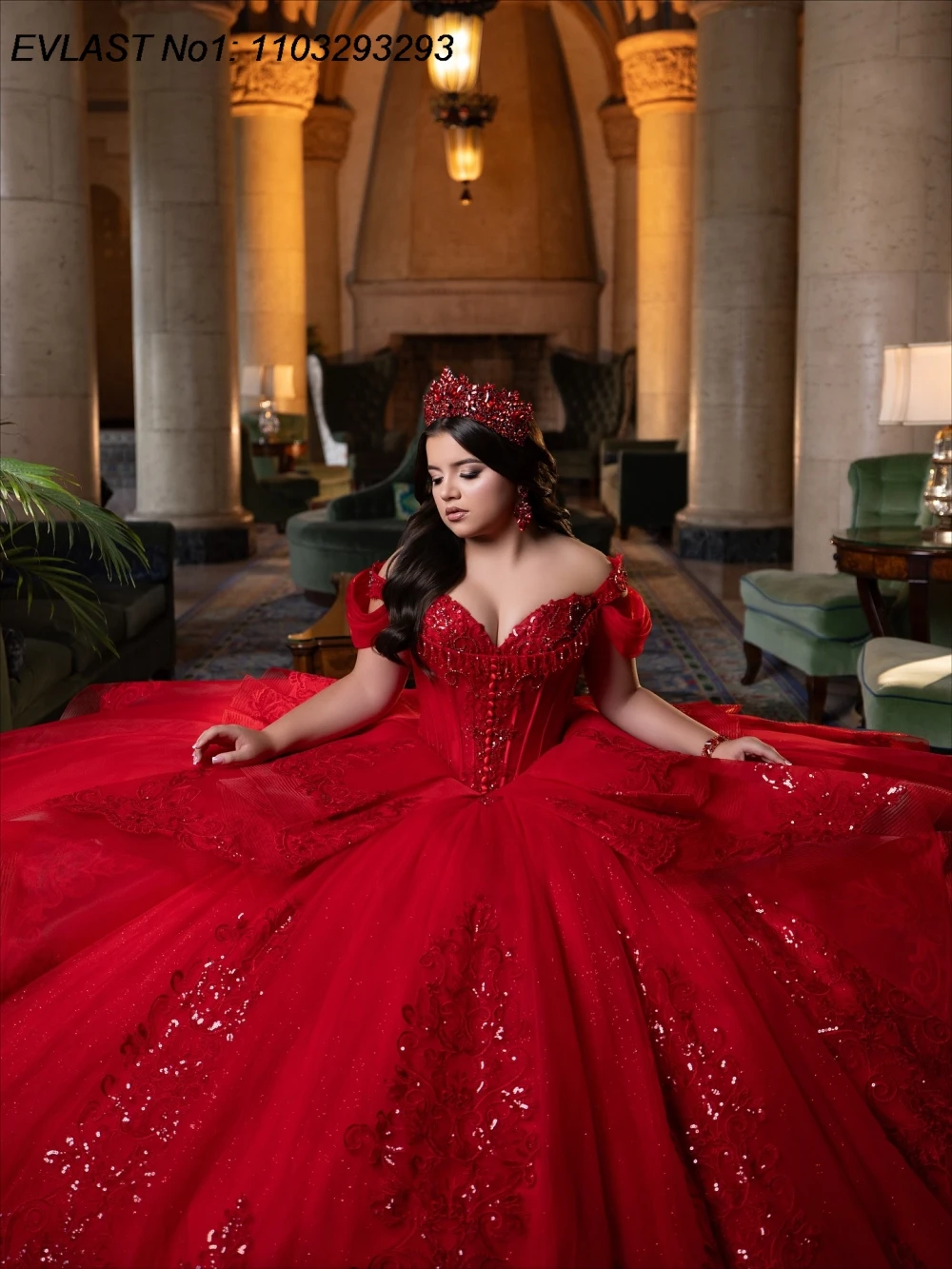 EVLAST Aangepaste Sparkly Rode Quinceanera Jurk Baljurk Glanzend Kant Applique Kralen Strik Sweet 16 Vestidos De 15 Anos E1QN676