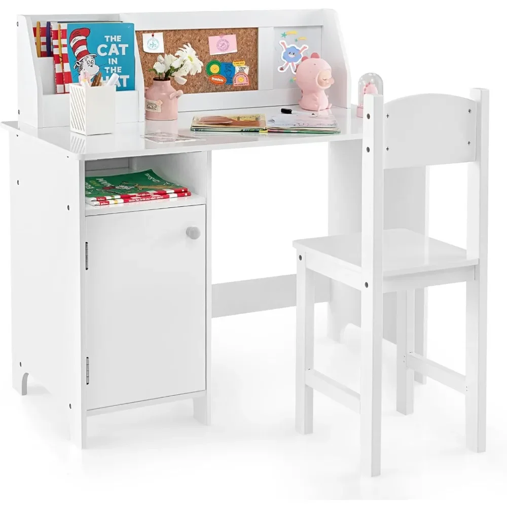 

Kids Desk and Chair Set, Wooden Children School Study Table and Chair w/Whiteboard, Hutch, Storage Shelves, Student Writing Desk