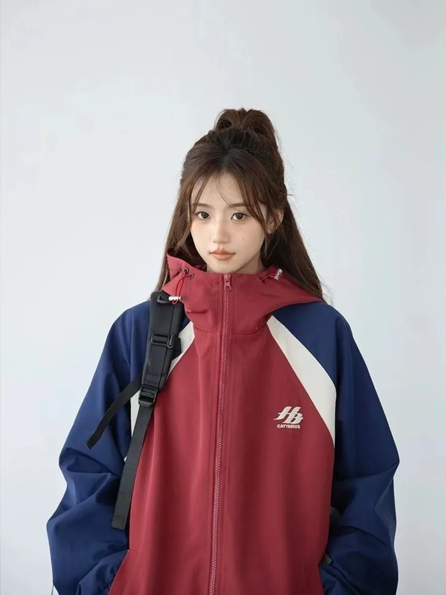 Vintage Hip Hop Oversize Jacket Women Y2k Streetwear Preppy Style Korean Fashion Windbreakers Zipper Casual Hooded Outerwear