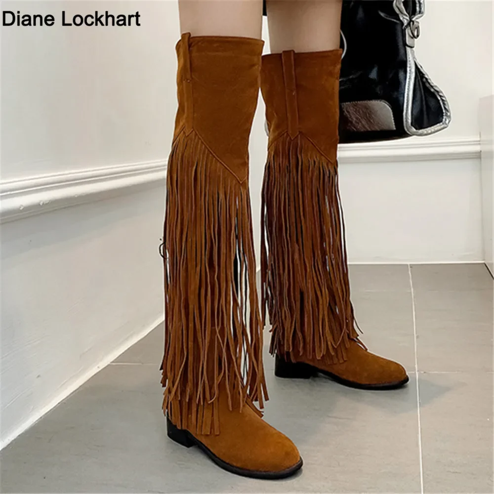 Fashion Boho Knee High Boots Ethnic Women Tassel Fringe Faux Suede Leather Thigh Botas Ladies Flat Long Boots Big Size 32-45