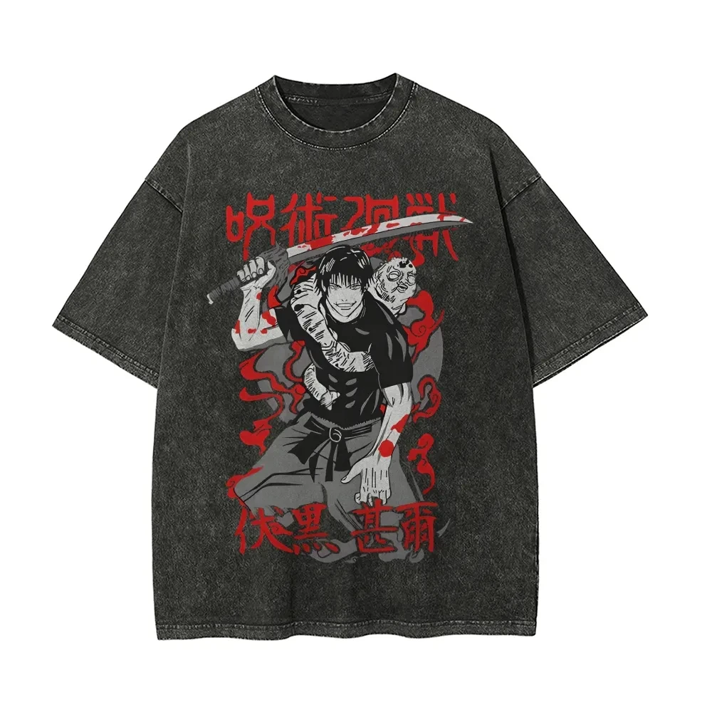 Toji Fushiguro T-Shirt Jujutsu Kaisen Herren Acid Wash Sorcerer Killer Anime Streetwear Heavenly Restriction Rotes T-Shirt