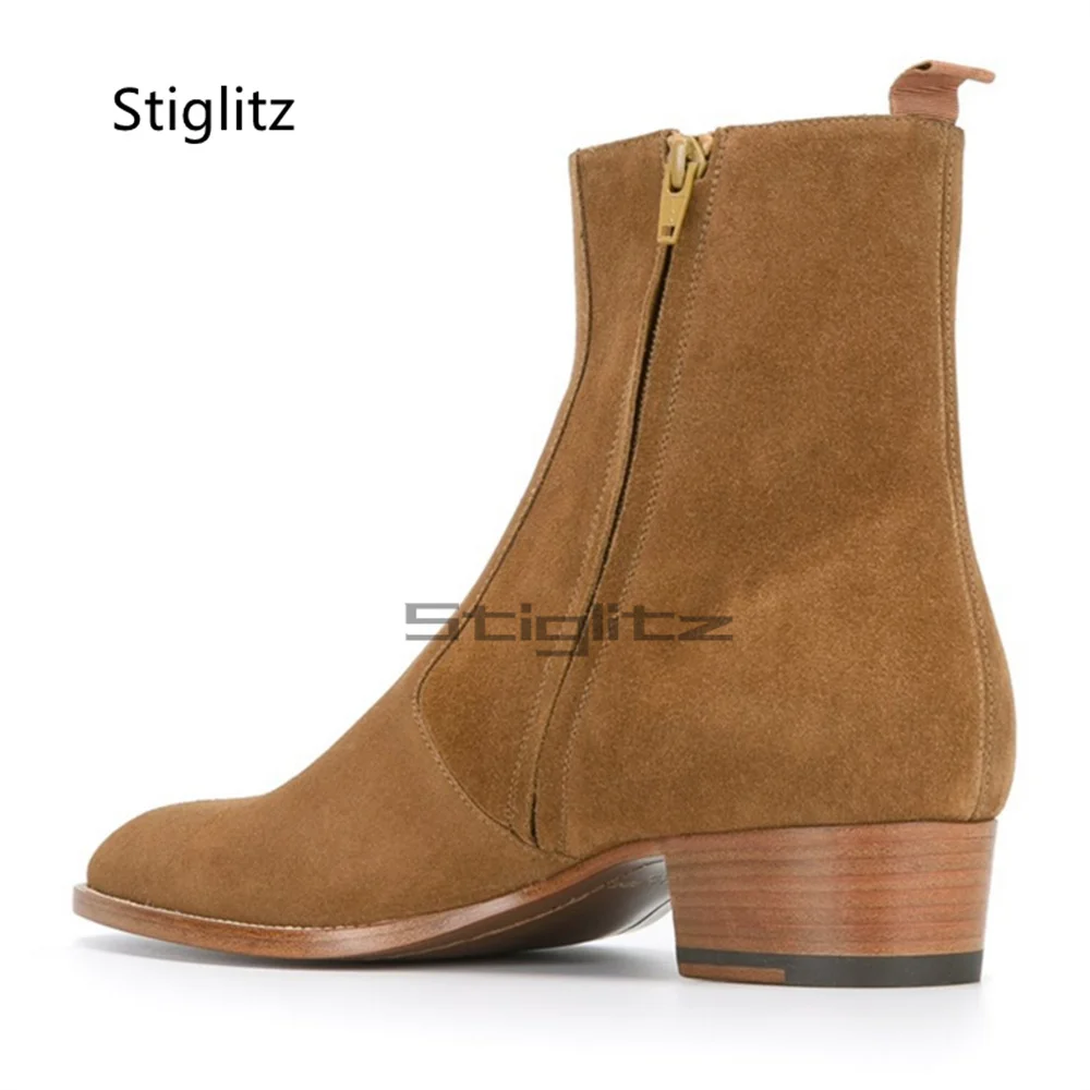 جلد الغزال الرجال تشيلسي الأحذية جولة تو الجانب سستة الكاحل الأحذية النمط البريطاني أزياء مريحة الدافئة الذكور الشتاء الأحذية #2