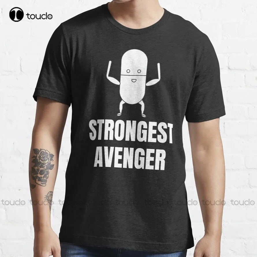 Funny Strongest Avenger White Bold Typography   Trending T-Shirt Tshirt Tee T Shirts Digital Printing Breathable Cotton Retro