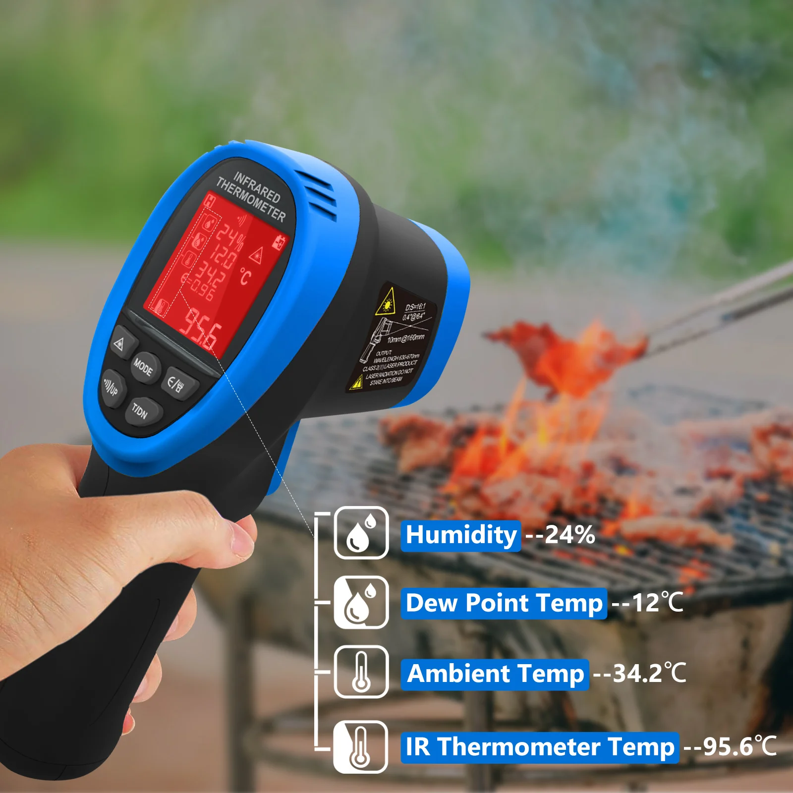 

Infrared Thermometer Pyrometer -50°C ~ 800°C Dual Laser, 4-in-1 Temp with Humidity, Ambient Temperature, Dew Point