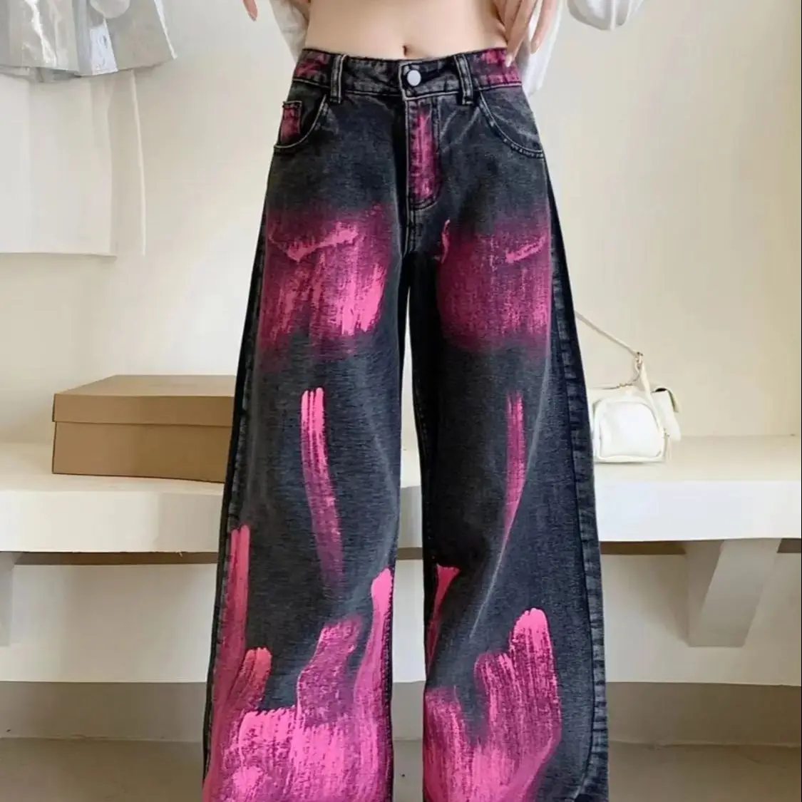 Jeans Flame Graffiti Design Sense Black Women Vintage High Waist Chic American Fashion Streetwear Wide Leg Baggy Denim Pants