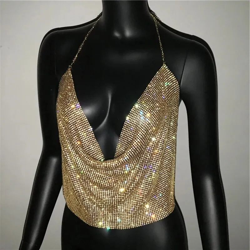 Festival Brilliant Strass rückenfreies Party Crop Top Damen 2025, Sommer, Glitzer, Abend, V-Ausschnitt, Diamanten, Metall-Tanktops – Detail 16