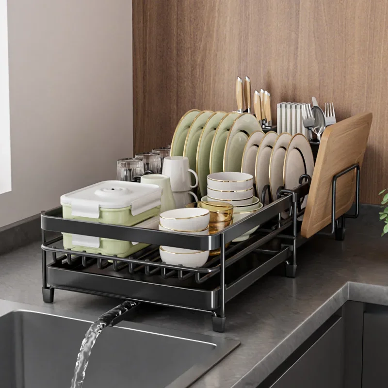 Escurridor de platos retráctil, organización de almacenamiento de cocina, estante para fregadero con bandeja, plato, tazón, taza, utensilios de cocina, escurridor de vajilla