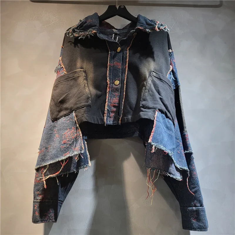 WTHT delle Nuove Donne di Modo Patchwork Lavato Risvolto Manica Lunga Giacca di Jeans A Vita Alta Jeans Dritti Femminile 2025 Autunno 1LS2310