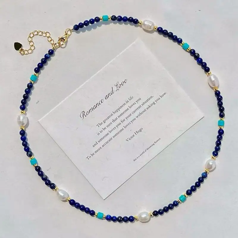 High-quality natural lapis lazuli and freshwater baroque pearl clavicle chain necklace