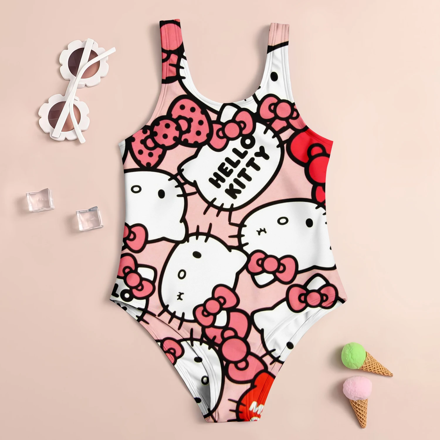 MINISO Summer Girls Swimsuit Children\'s Swimsuit 3D Printed Hello Kitty Cartoon Fashion Beach Skirt Holiday Children\'s Clothing