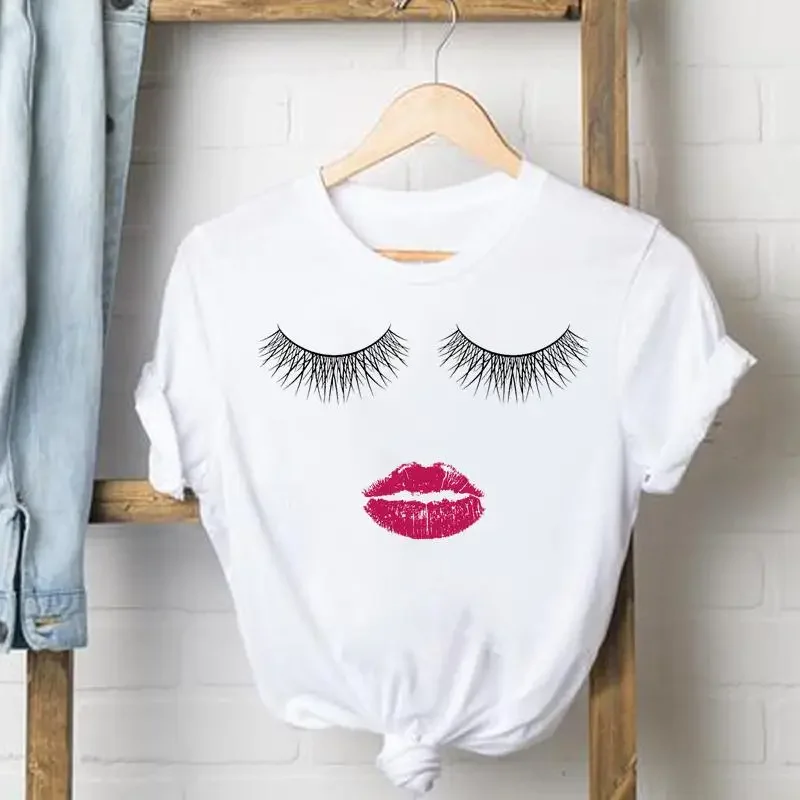 T Shirt Lady Love Heart Eye Lashes Odzież damska Top z krótkim rękawem Casual Fashion Graphic Clothing Fjavascript: damska koszulka na co dzień