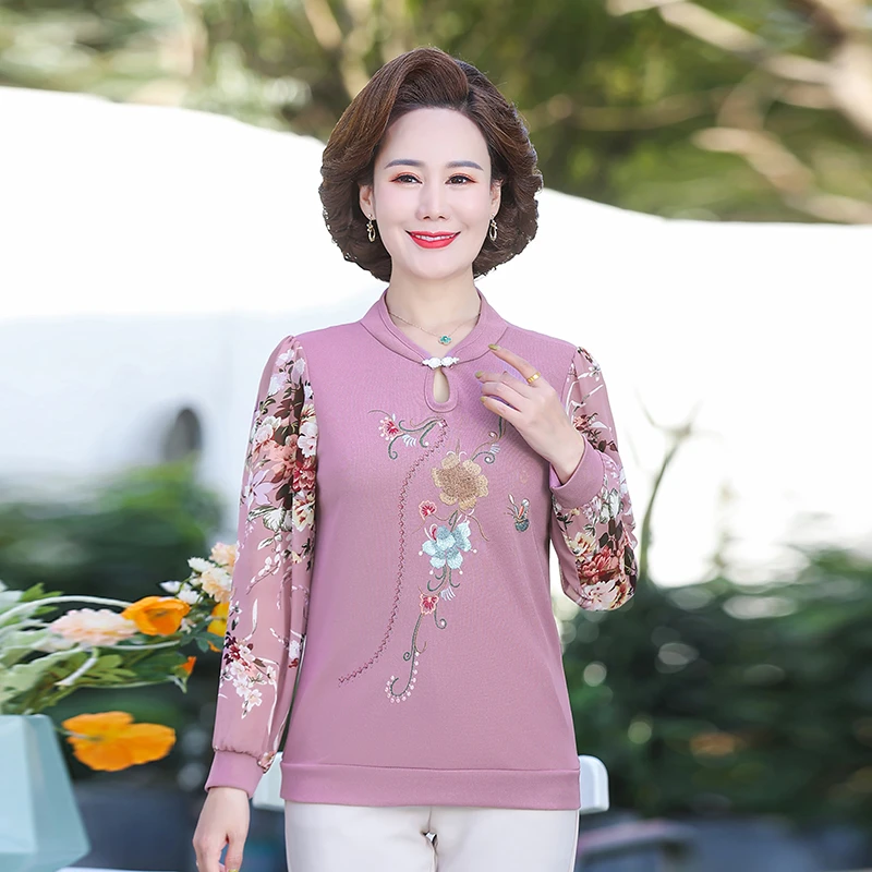 Female Return Printed Blouse Casual Middle-aged mother Clothing Spring Autumn Long Sleeve printing Shirt