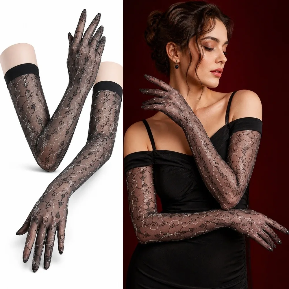 New Floral Five-Finger Glove Ultra Thin Elastic Sheer Gloves Sexy Oil Shiny Silky Smooth Jacquard Glove Dance Performance