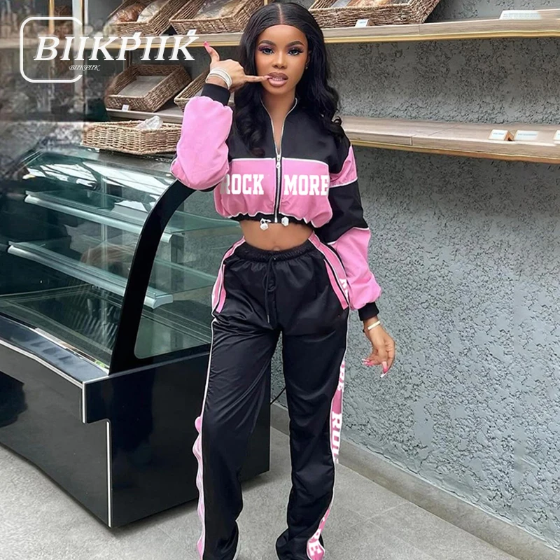 

BIIKPIIK Moto&biker Letter Women Sets Streetwear Contrast Color Autumn Winter Pants Sets Casual Two Piece Suit Sporty Jacket Set